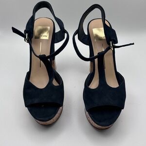 Dolce Vita Navy Suede Cork Platform T-Strap Block Heel Sandals Womens 7.5